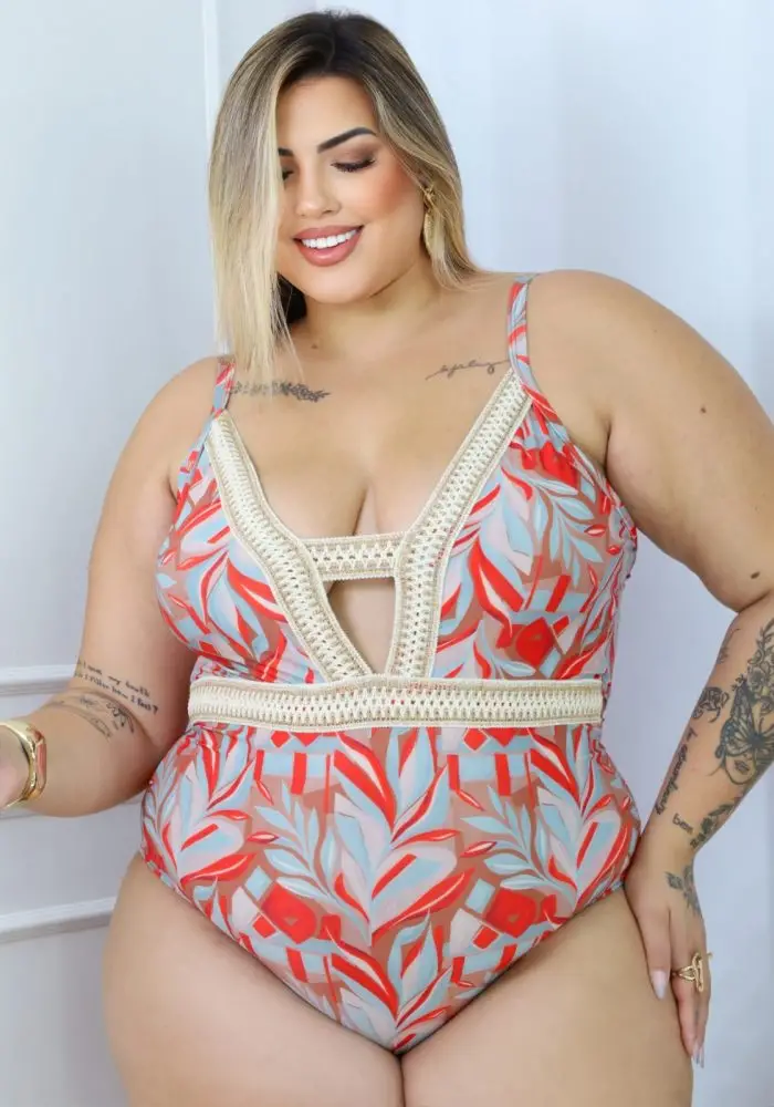 Maiô Plus Size Com Bojo Ref 00294 Estampa Laranja