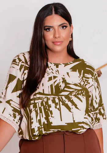 Blusa Feminina Plus Size Manga Curta Ref 12520 Estampa Verde - 48