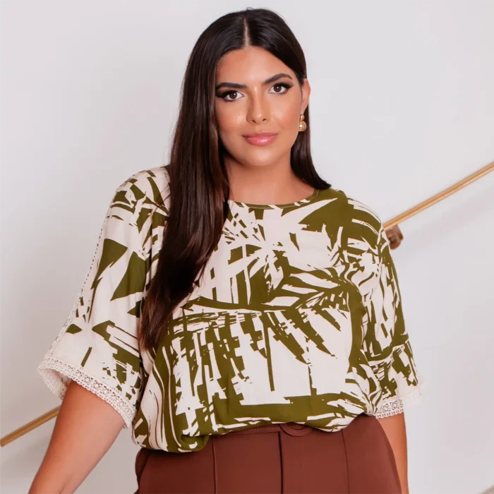 Blusa Feminina Plus Size Manga Curta Ref 12520 Estampa Verde - 48