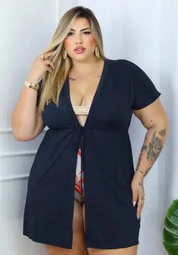 Saída de Praia Feminina Plus Size com Manga  Ref 41244 Preto