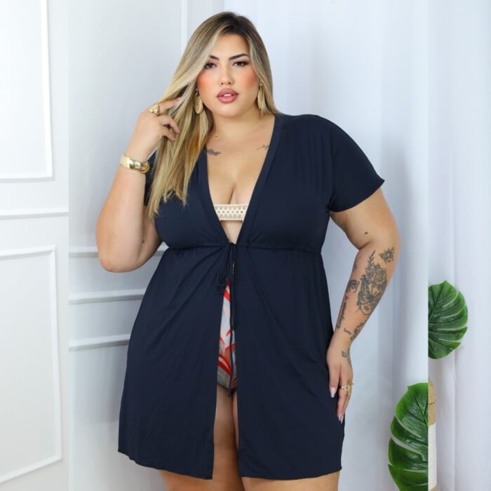 Saída de Praia Feminina Plus Size com Manga  Ref 41244 Preto - 54