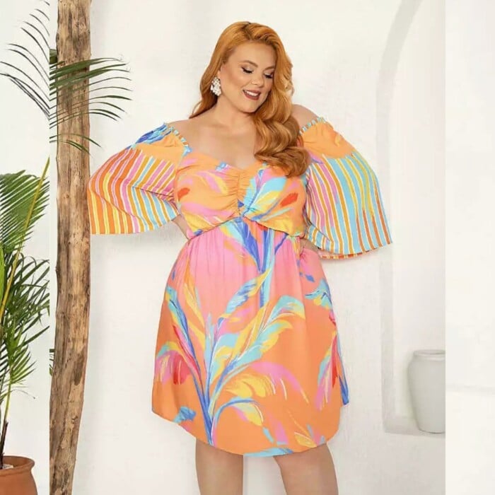 Vestido Plus Size Manga Curta Ref 900755 Estampa Laranja Rosa - 52