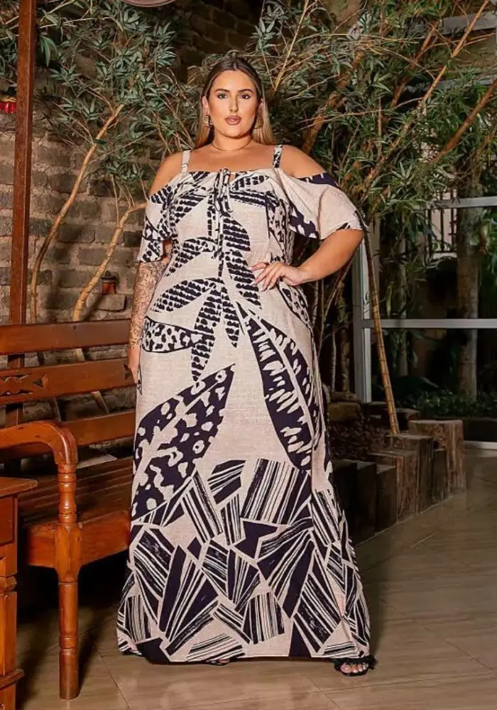 Vestido Longo Plus Size Manga Curta Ref 900674 Estampa Bege - 48