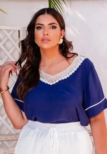 Blusa Feminina Plus Size Manga Curta Ref  12321 Marinho