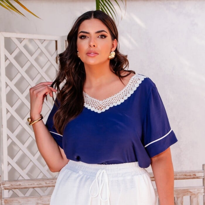 Blusa Feminina Plus Size Manga Curta Ref  12321 Marinho - 50