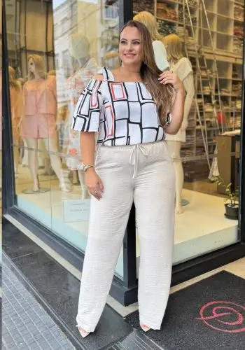 Calça Pantalona Feminina Plus Size Ref 12427 Bege - 52