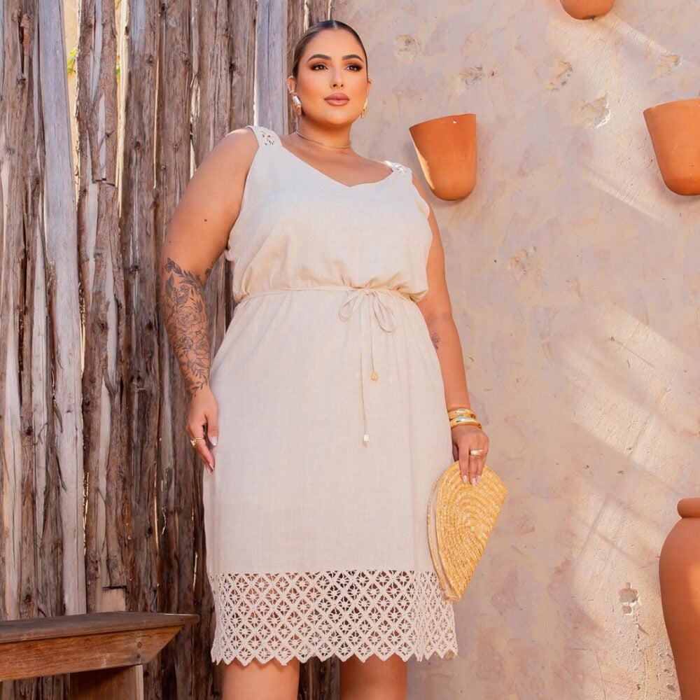 Vestido Plus Size Sem Manga Ref 900768 Bege - 46
