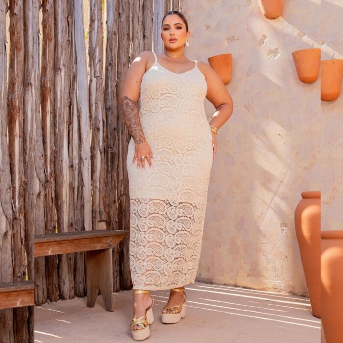 Vestido Longo Plus Size Sem Manga Ref 900776 Bege - 52