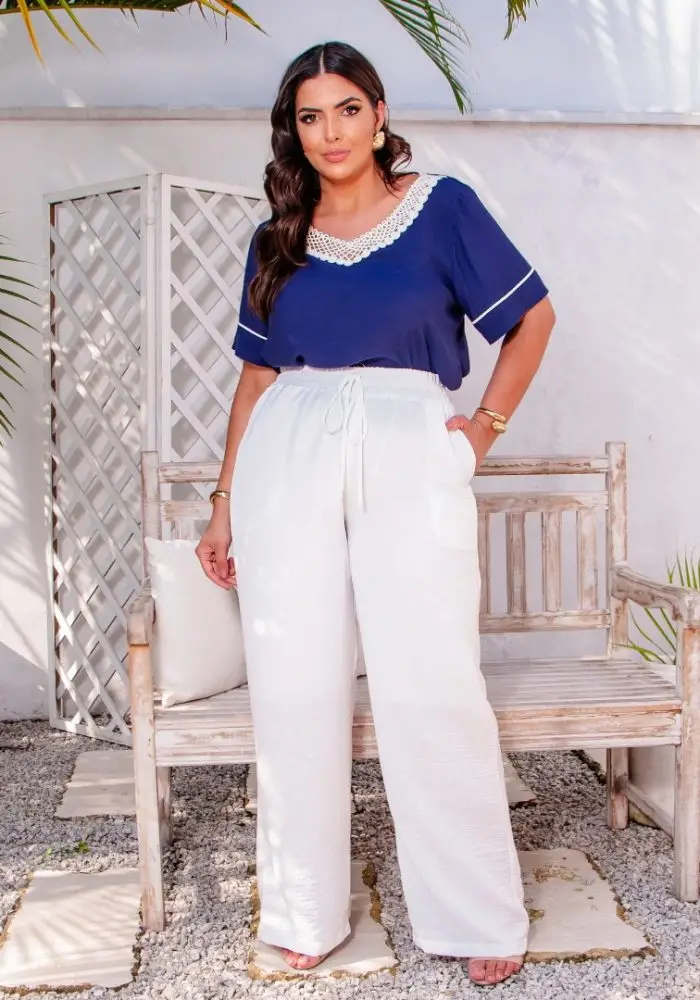 Calça Pantalona Feminina Plus Size Ref 12427 Off White