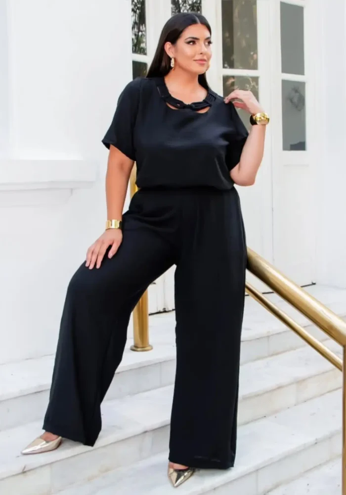 Conjunto Feminino Plus Size Blusa Manga Curta Ref 12513 Preto - 54