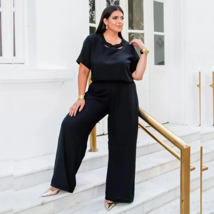 Conjunto Feminino Plus Size Blusa Manga Curta Ref 12513 Preto - 48