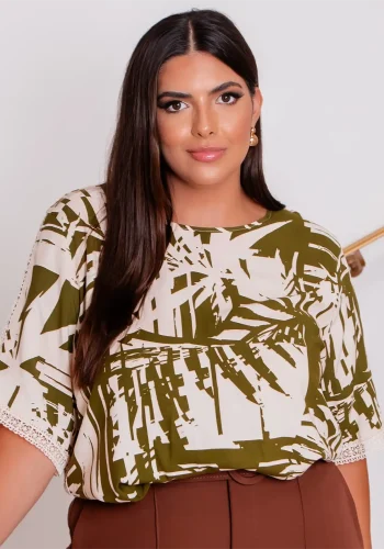 Blusa Feminina Plus Size Manga Curta Ref 12520 Estampa Verde