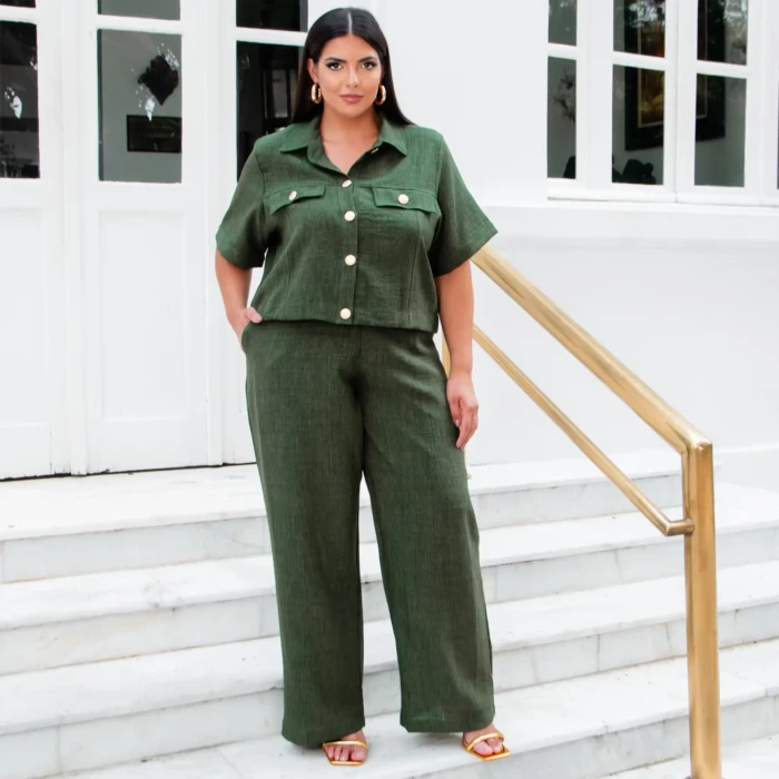 Conjunto Feminino Plus Size Manga Curta + Calça Ref 12541 Verde "Agata" - 50