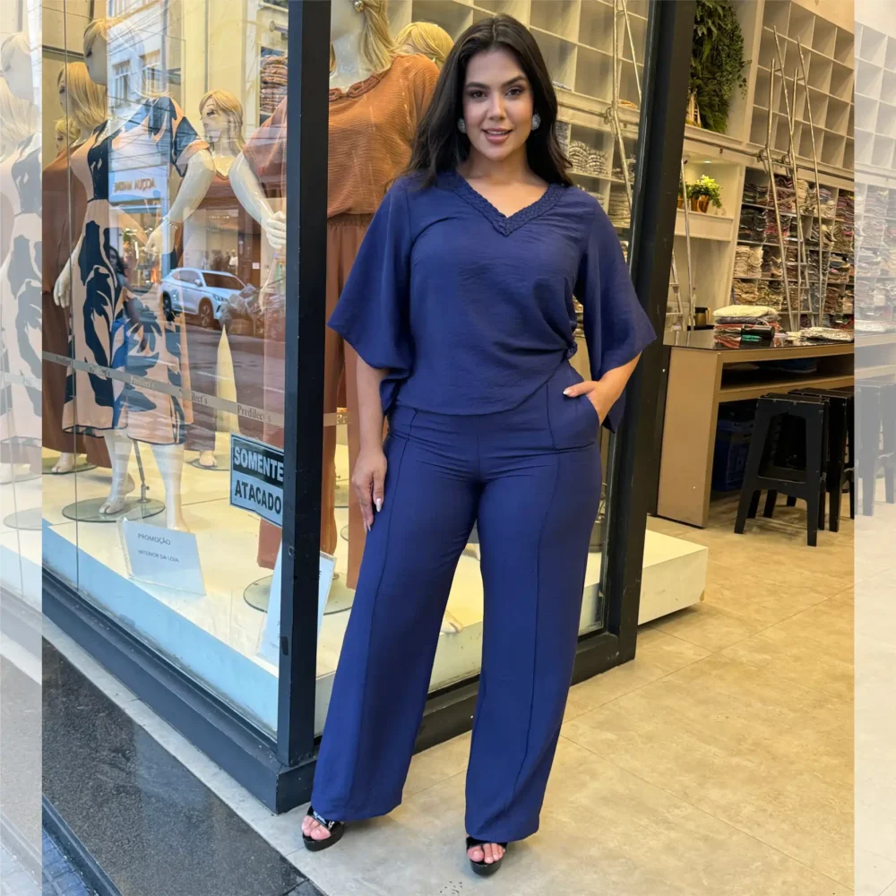 Conjunto Feminino Plus Size Manga Curta + Pantalona Ref 12544 Marinho - 48