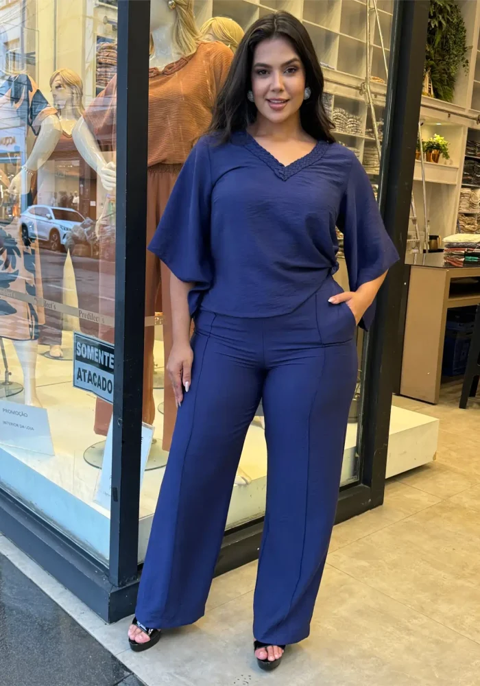 Conjunto Feminino Plus Size Manga Curta + Pantalona Ref 12544 Marinho - 46