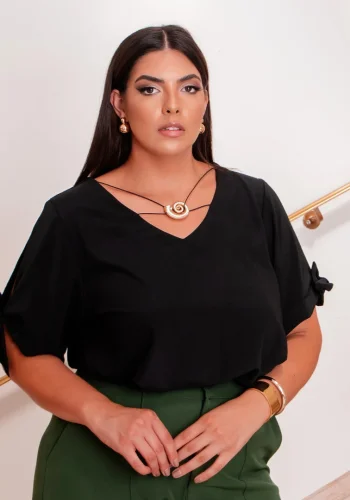 Blusa Feminina Plus Size Manga Curta Ref 12559 Preto
