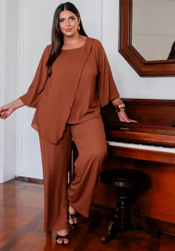 Conjunto Feminino Plus Size Blusa Manga Curta Ref 12555 Marrom