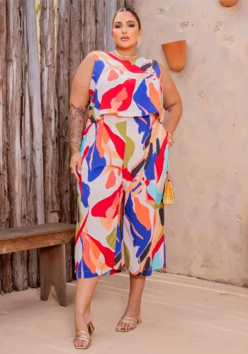 Macacão Pantacourt Feminino Plus Size Sem Manga Ref 900758 Estampa Creme