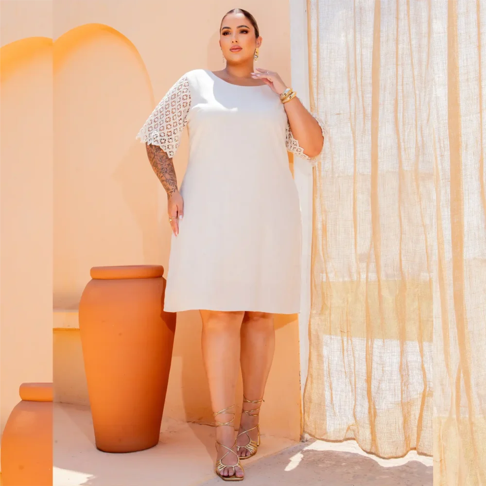 Vestido Plus Size Manga Curta Ref  900767 Cru - 52