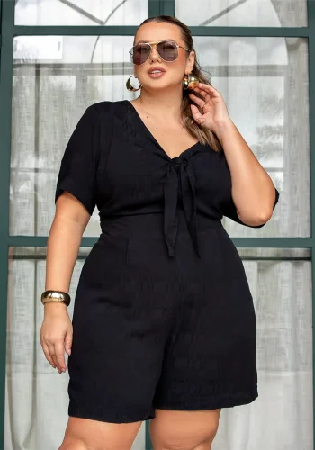 Macaquinho Feminino Plus Size Manga Curta Ref 900771 Preto