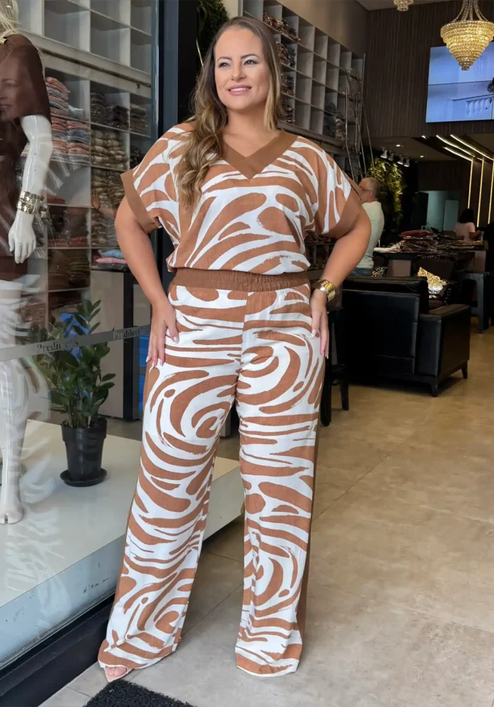 Conjunto Feminino Plus Size Blusa + Calça 12560 Off White Marrom