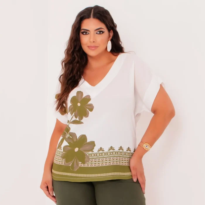 Blusa Feminina Plus Size Manga Curta Ref 12564 Estampa Off White - 46