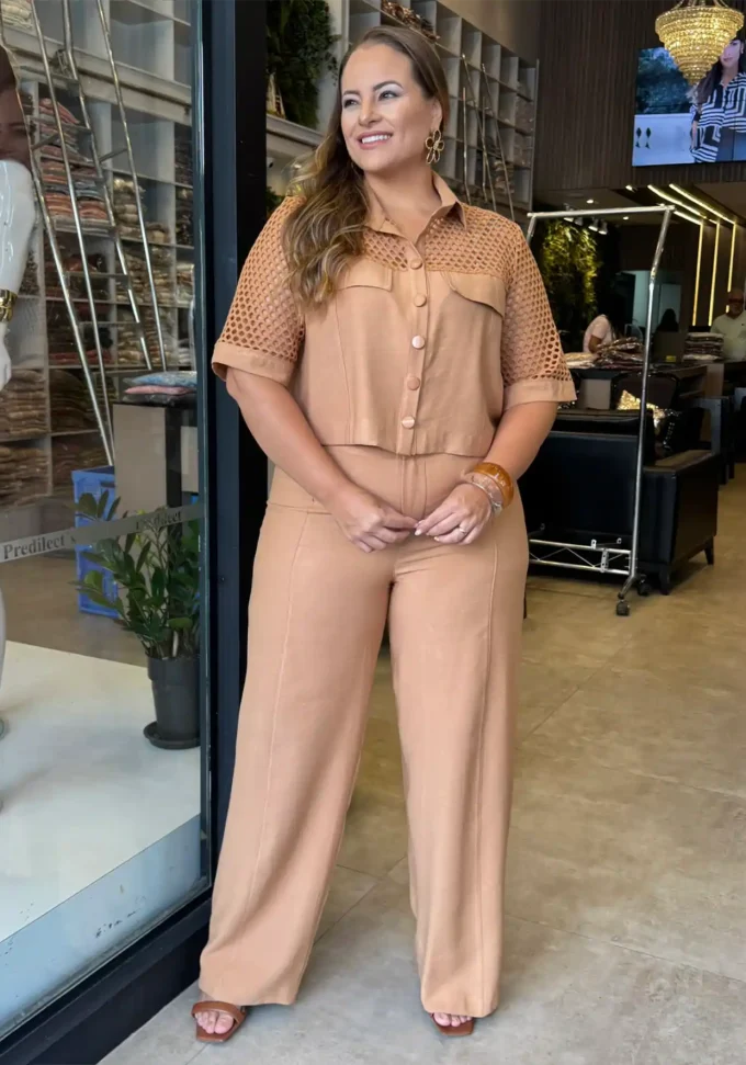 Conjunto Feminino Plus Size Cropped + Calça Ref. 12572 Caramelo