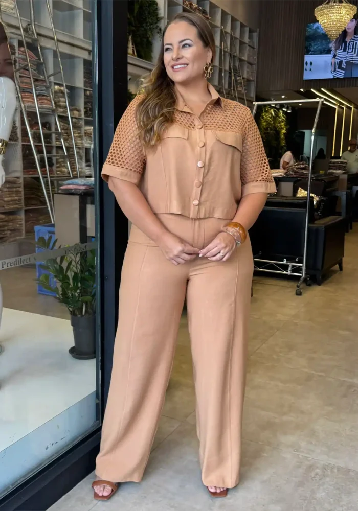 Conjunto Feminino Plus Size Cropped + Calça Ref. 12572 Caramelo