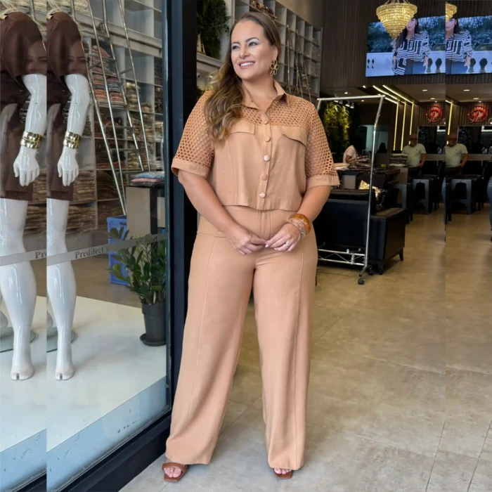 Conjunto Feminino Plus Size Cropped + Calça Ref. 12572 Caramelo - 48