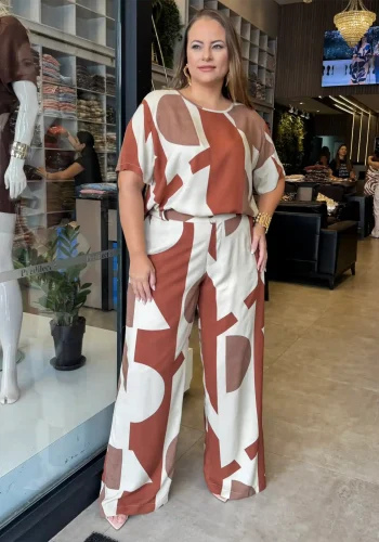 Conjunto Feminino Plus Size Blusa + Calça Ref 12592 Ferrugem