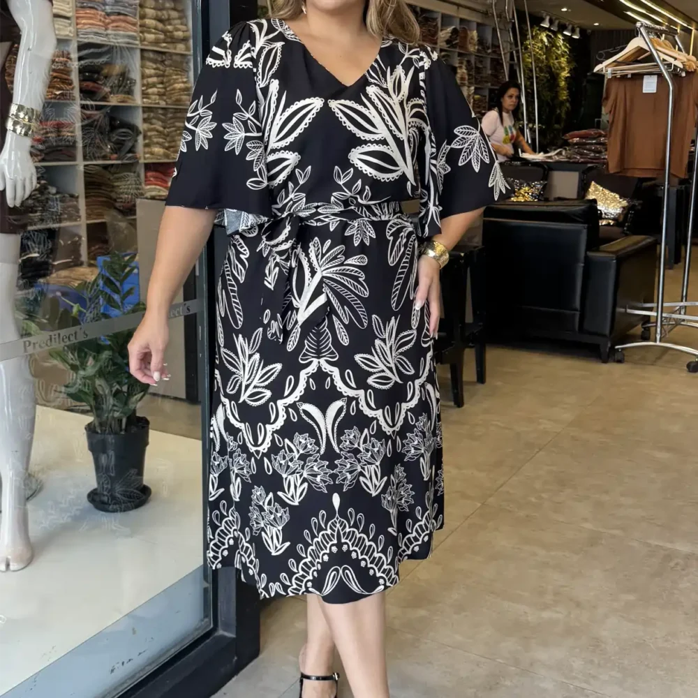 Vestido Mid Plus Size Manga Curta 12606 Estampa Preto - 48