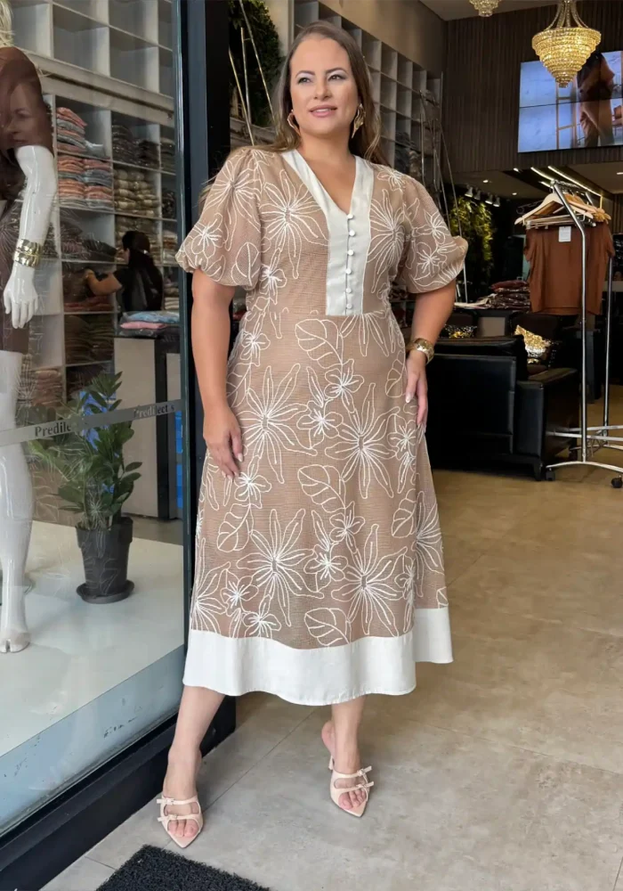 Vestido Mid Plus Size Manga Curta Ref 12607 Bege