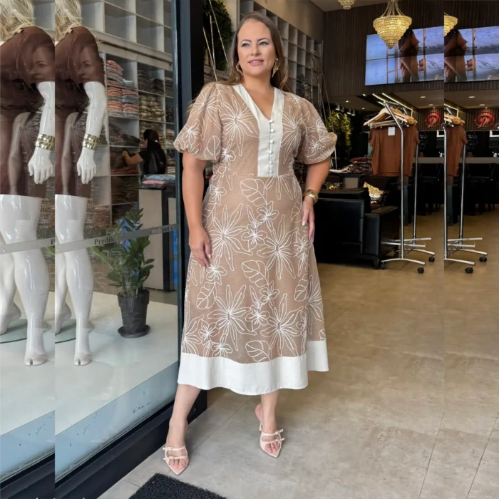 Vestido Mid Plus Size Manga Curta Ref 12607 Bege - 46