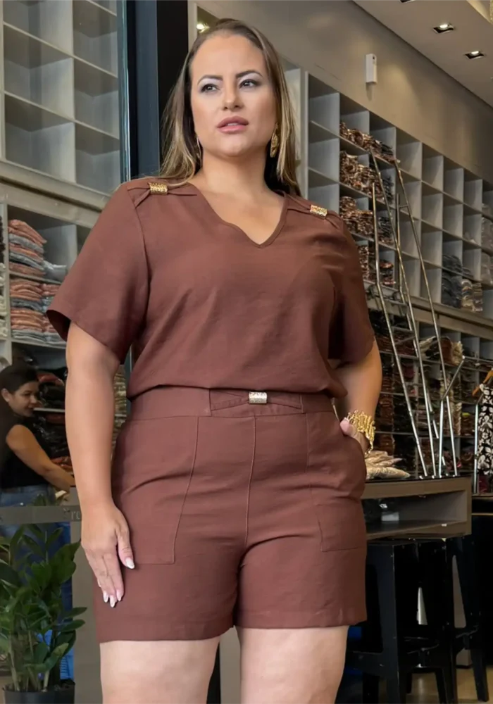 Conjunto Feminino Plus Size Blusa + Shorts Ref 12608 Marrom