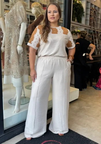 Conjunto Feminino Plus Size Blusa + Calça Ref 12613 Bege