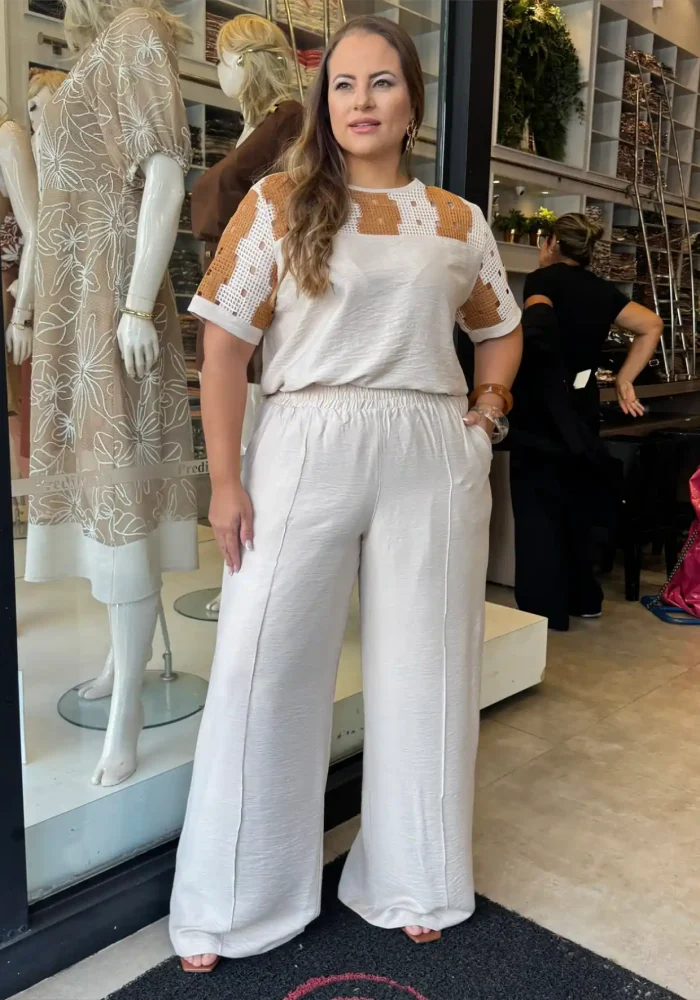 Conjunto Feminino Plus Size Blusa + Calça Ref 12613 Bege