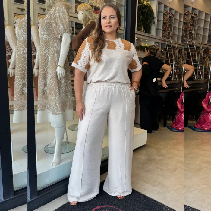 Conjunto Feminino Plus Size Blusa + Calça Ref 12613 Bege - 50