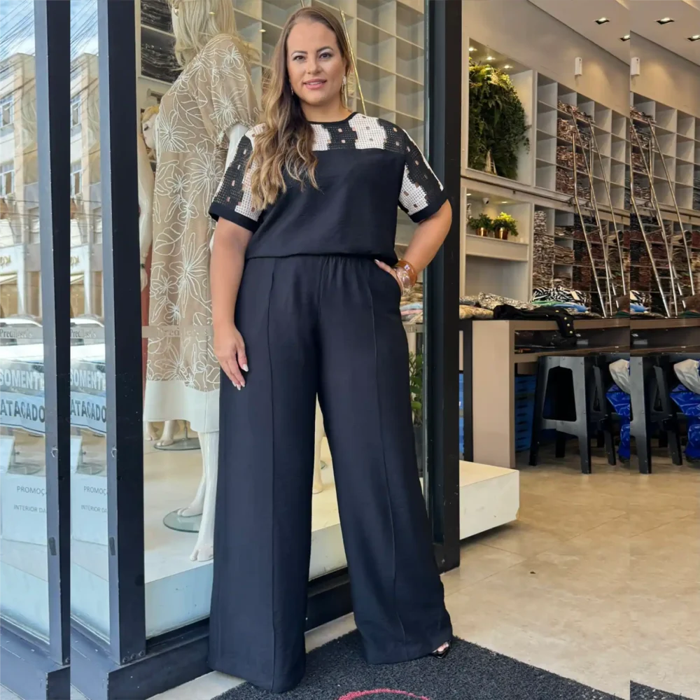 Conjunto Feminino Plus Size Blusa + Calça Ref 12613 Preto - 52