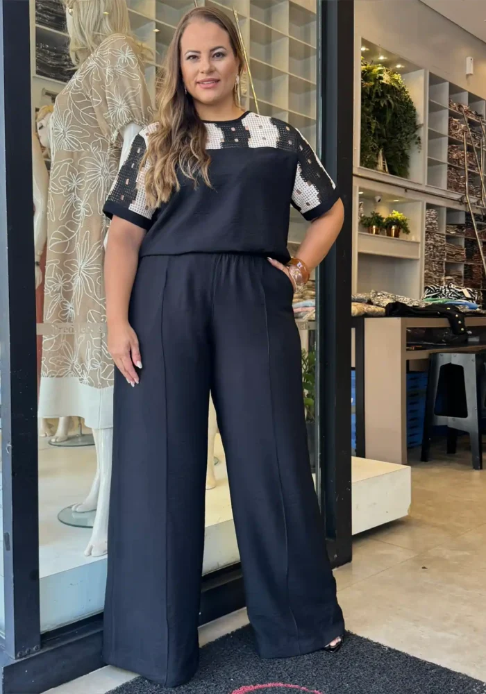Conjunto Feminino Plus Size Blusa + Calça Ref 12613 Preto