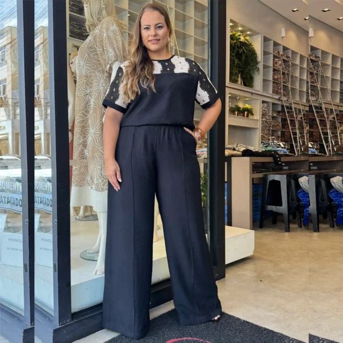 Conjunto Feminino Plus Size Blusa + Calça Ref 12613 Preto - 46