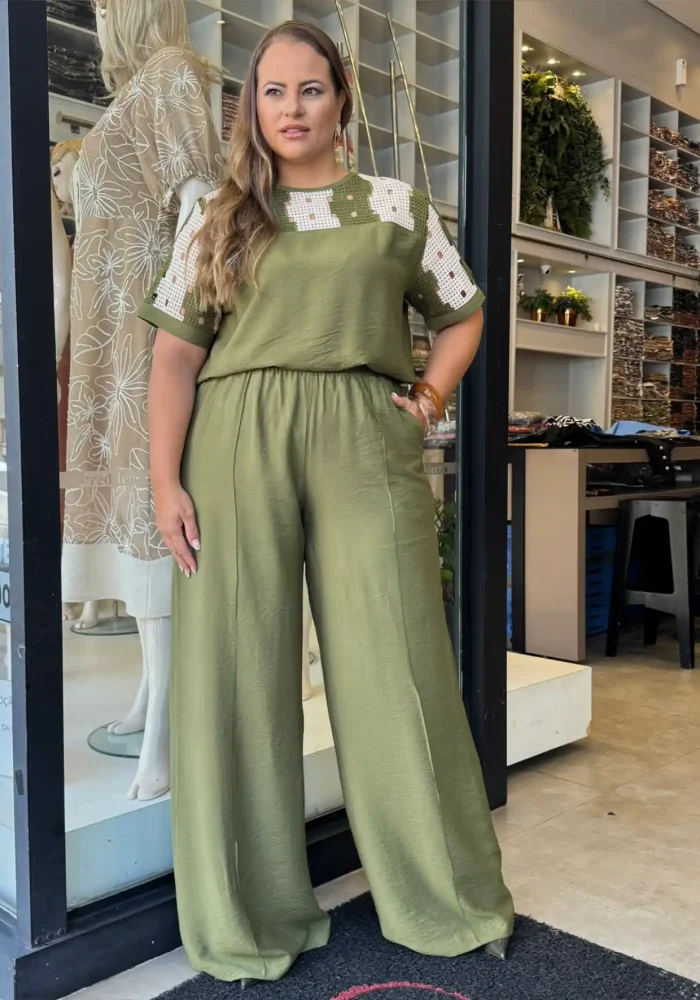 Conjunto Feminino Plus Size Blusa + Calça Ref 12613 Verde - 54