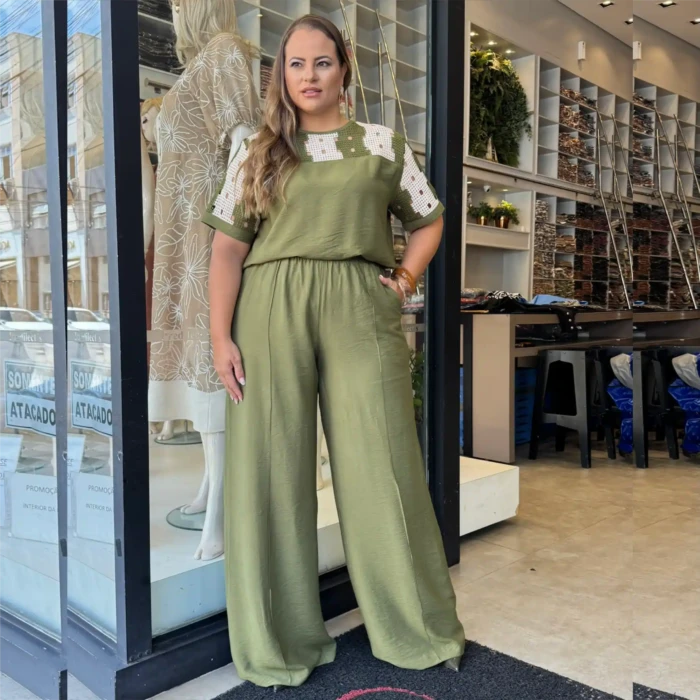 Conjunto Feminino Plus Size Blusa + Calça Ref 12613 Verde - 54