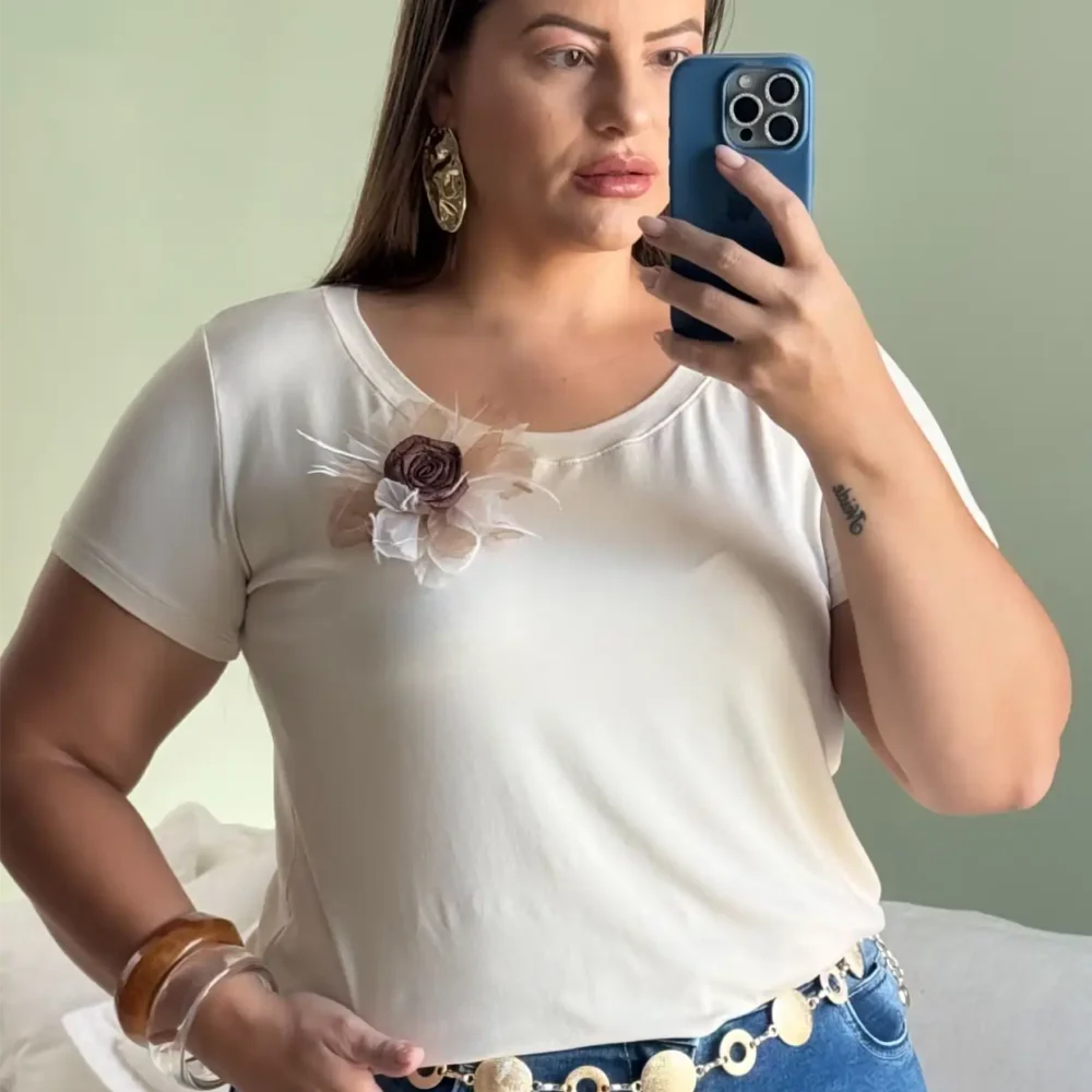 Blusa Feminina Plus Size Manga Curta Ref 12617 Bege - 48