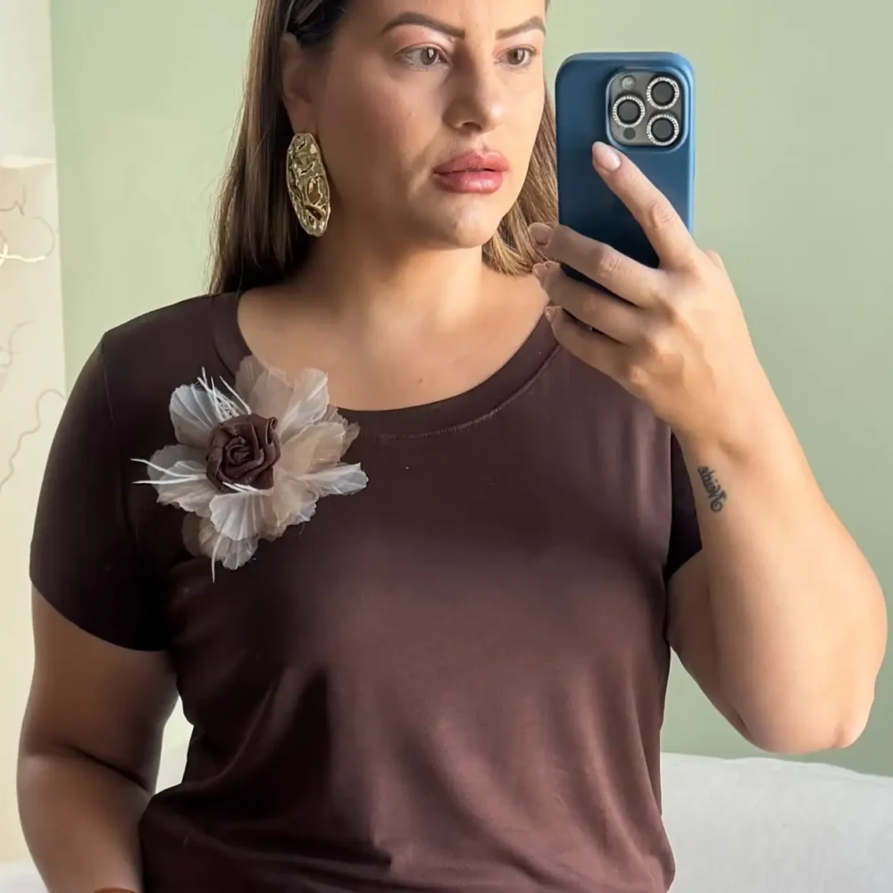 Blusa Feminina Plus Size Manga Curta Ref 12617 Marrom - 46