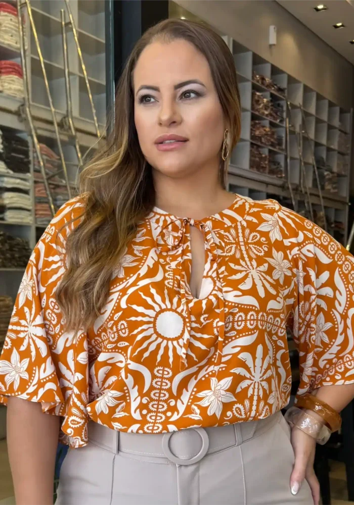 Blusa Feminina  Plus Size Manga Curta Ref 12627 Laranja