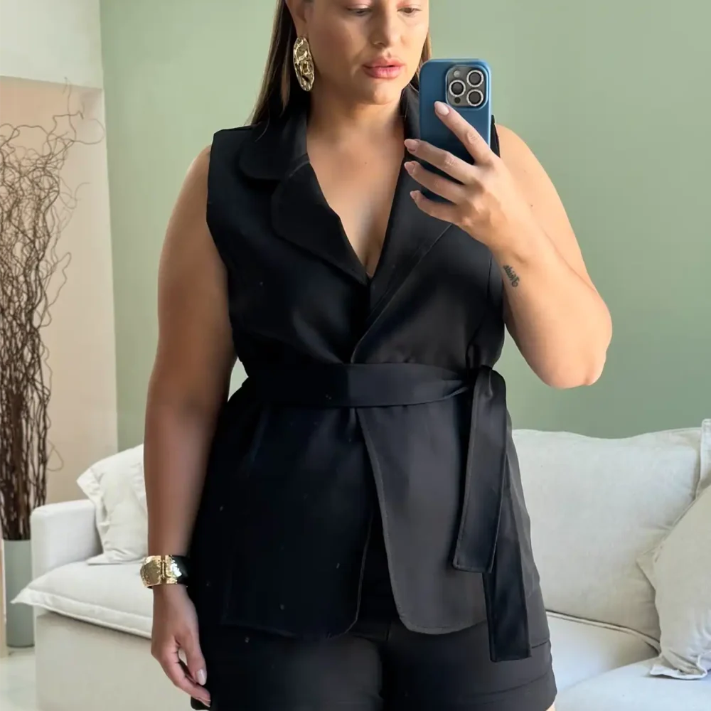 Conjunto Feminino Plus Size Colete + Shorts Ref 207275 Preto - 52