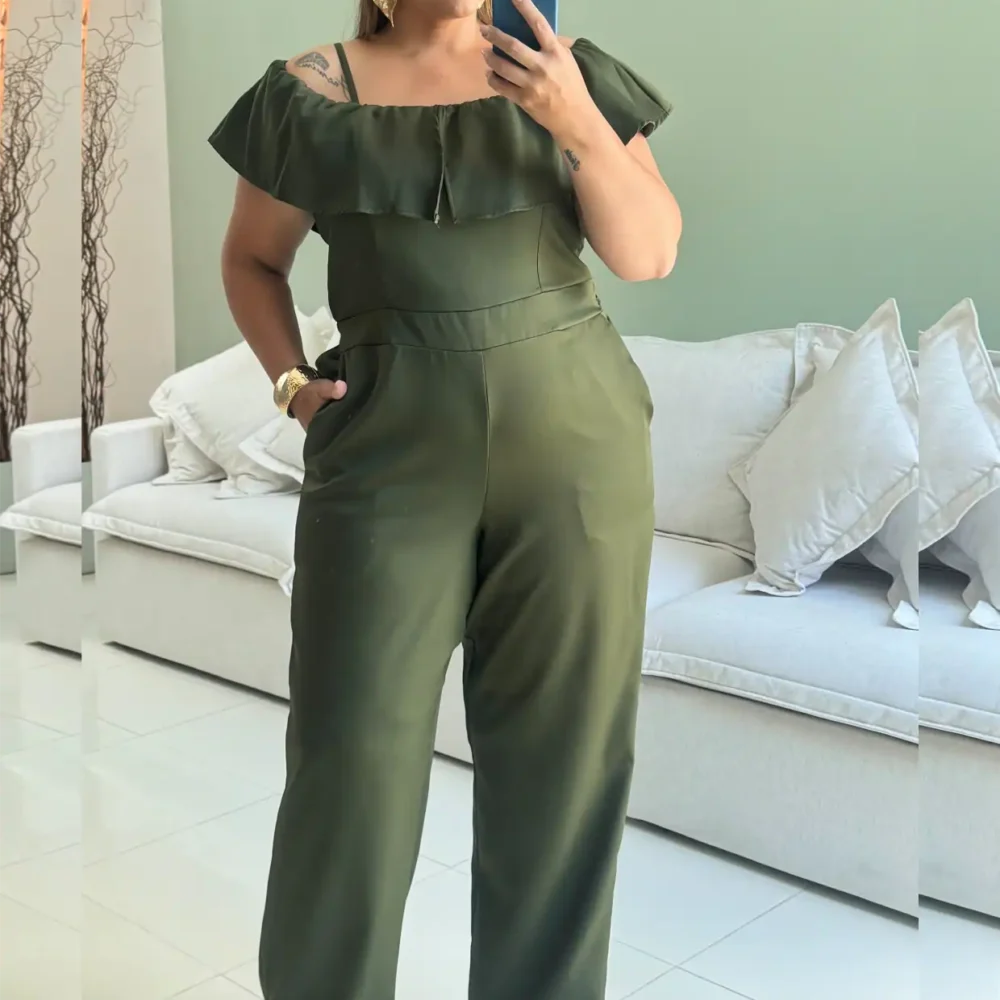 Macacão Longo Feminino Plus Size Manga Curta Ref 207280  Musgo - 52