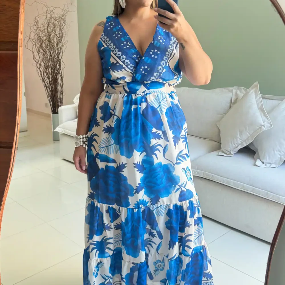 Vestido Longo Plus Size Sem Manga Ref 207282 Marrie Estampa Azul - 56