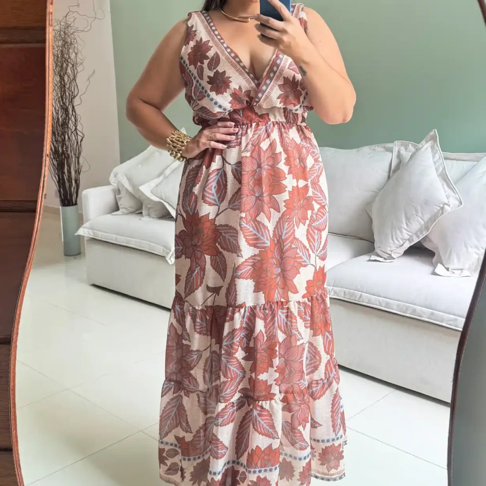 Vestido Longo Plus Size Sem Manga Ref 207282 Marrie Estampa Marrom - 60