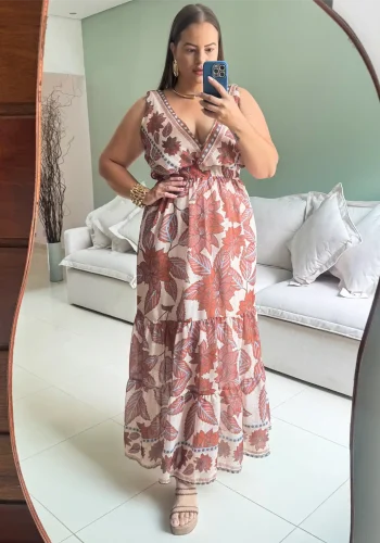 Vestido Longo Plus Size Sem Manga Ref 207282 Marrie Estampa Marrom